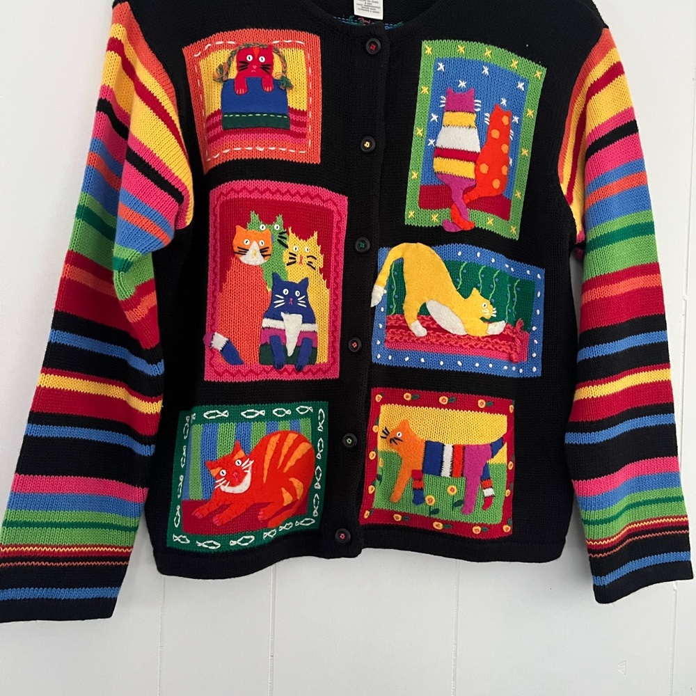 Susan Bristol Petites Colorful Black Embroidered Cats Sweater Cardigan Sz PLarge - Picture 7 of 12